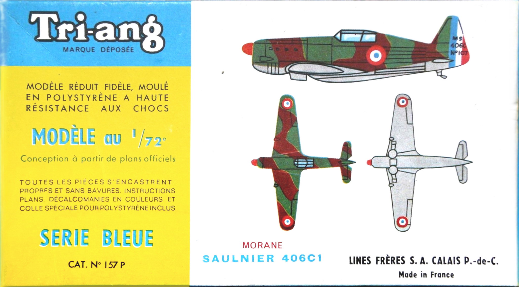 Коробка французской фабрики Tri-ang Serie Bleue, 157P Morane Saulnier 406, Lines Freres S.A., Calaise P.-de-C.